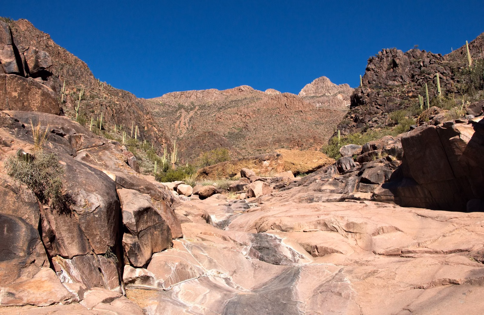 A dry, rock-floored desert wash between large boulders and canyon walls in the Superstition Mountains east of Phoenix