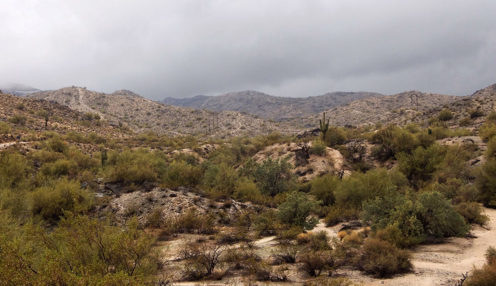 Dark clouds over desert hills and a trail winding through scrub at South Mountain