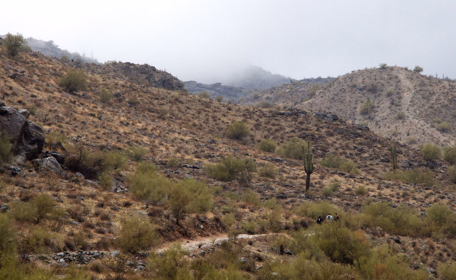 Low clouds over the desert ridges and canyons of South Mountain, with a trail crossing the slope